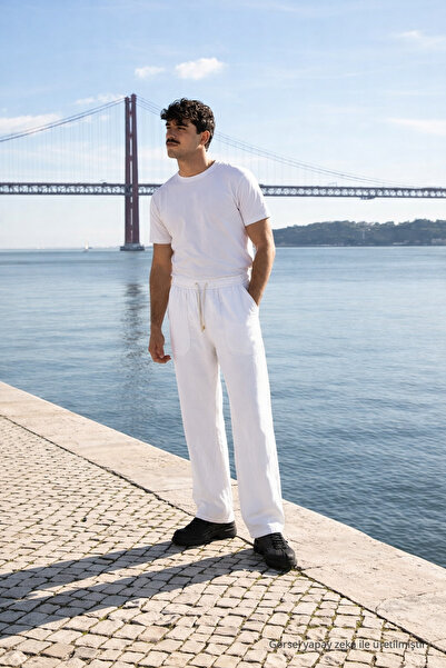 DAMGA JEANS Erkek Beli Lastikli Jogger Beyaz Keten Pantolon