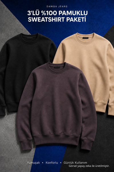 DAMGA JEANS 3 Adet Erkek Pamuklu Salaş Basic Kışlık Sweatshirt