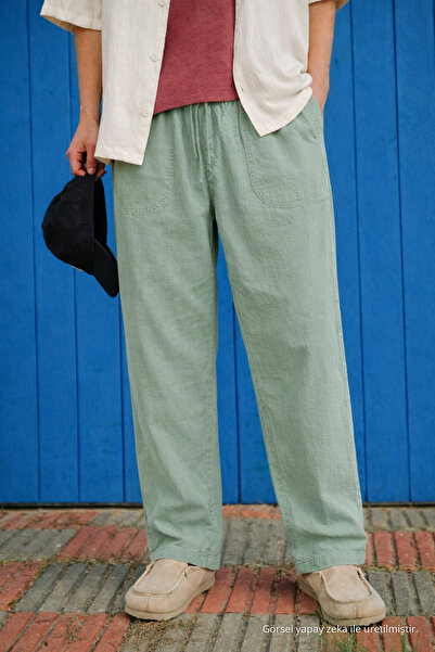 DAMGA JEANS Men's Trend Premium Loose S.Green Linen Trousers