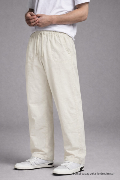 DAMGA JEANS Men's White Linen Trousers with Elastic Waist and Wide Legs