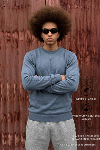 DAMGA JEANS Men's Cotton Anti-Pilling Loose Indigo Knit Sweater