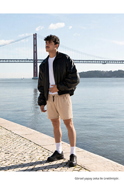 DAMGA JEANS Ανδρικό σορτς Comfort Fit σε μπεζ χρώμα με ελαστική μέση και βασι...