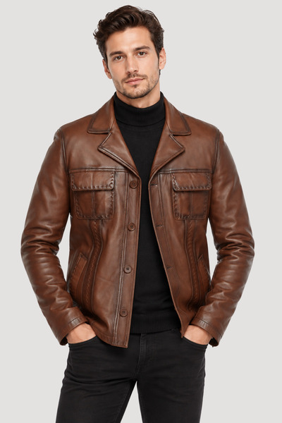 DERİJE Gomez Genuine Leather Men's Tan Punto Stitched Jacket
