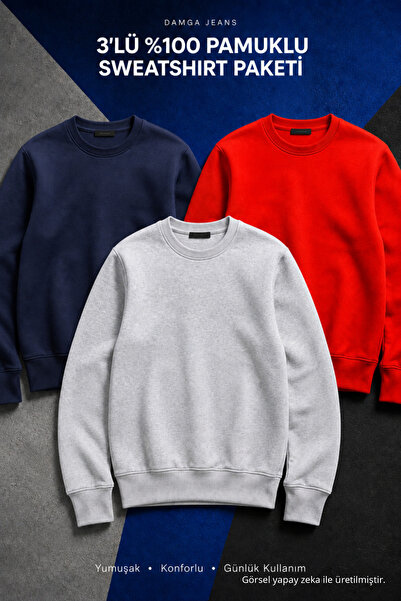 DAMGA JEANS 3 Adet Erkek Pamuklu Salaş Basic Kışlık Sweatshirt