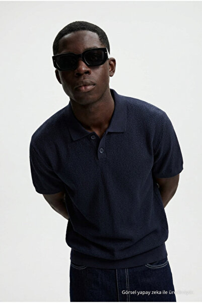 DAMGA JEANS Men's Textured 100% Cotton Navy Blue Polo Collar T-Shirt