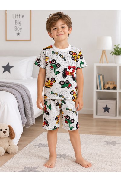 DuranX Boy's Cotton Summer Thin Fabric White Color Scoop Tractor Patterned Sh...