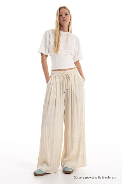 DAMGA JEANS Γυναικείο Φαρδύ Παντελόνι Casual Ecru Palazzo