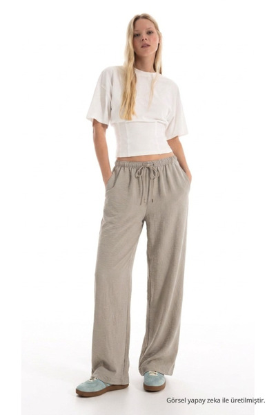 DAMGA JEANS Γυναικείο καλοκαιρινό άνετο λινό παντελόνι από βιζόν με ελαστική ...