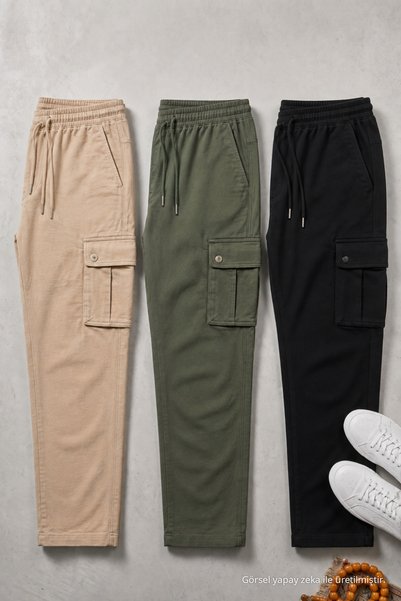DAMGA JEANS Erkek Beli Lastikli 3 Lü Kargo Keten Pantolon