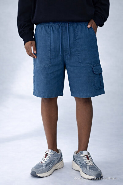 DAMGA JEANS شورت رجالي من الكتان باللون الأزرق الداكن مع جيوب كارجو للاستخدام...