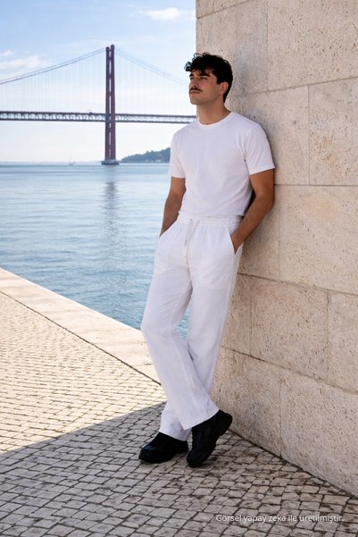 DAMGA JEANS Erkek Beli Lastikli Jogger Beyaz Keten Pantolon