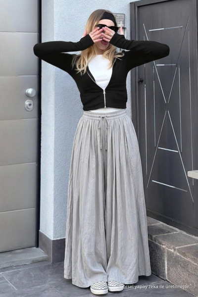 DAMGA JEANS Γυναικείο καλοκαιρινό παντελόνι με φαρδιά μπατζάκια σε γκρι χρώμα...
