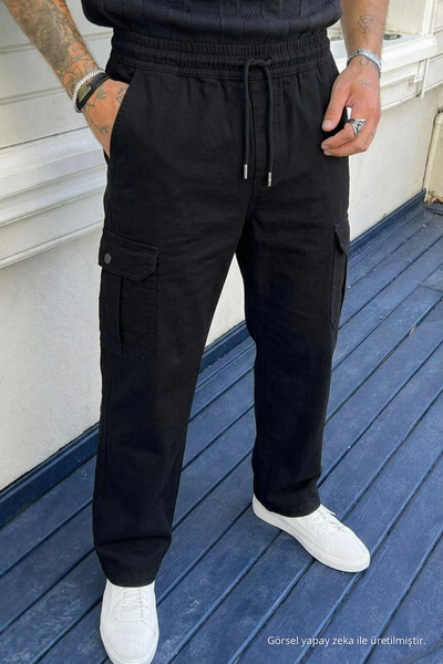 DAMGA JEANS Erkek Kargo Cepli Siyah Bol Keten Pantolon
