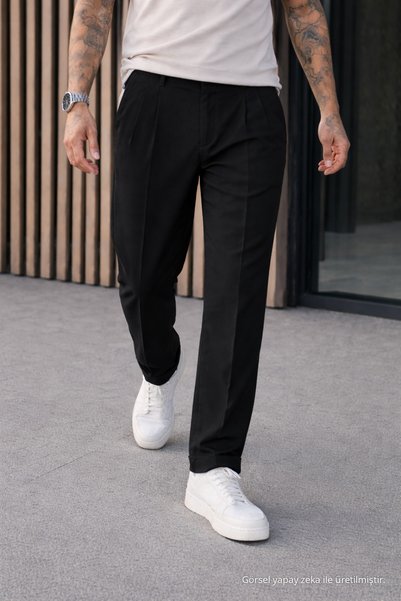 DAMGA JEANS Men's Relax Fit High Waist Pleated Black Fabric Trousers