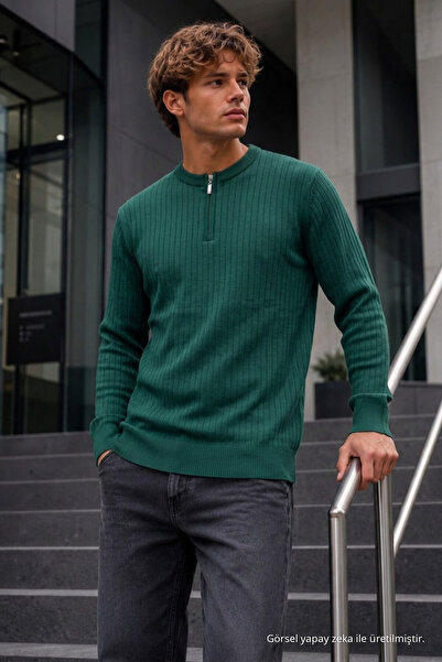 DAMGA JEANS Pulover pentru bărbați, 95% bumbac, cu dungi, anti-scămoșare, verde
