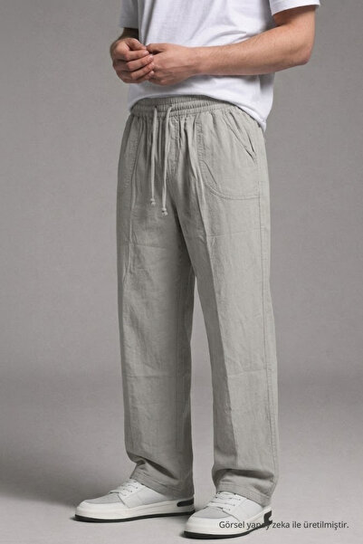 DAMGA JEANS Męskie lniane spodnie w kolorze kamiennym z elastyczną talią i sz...