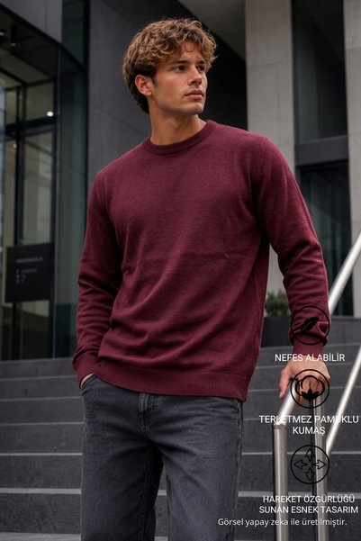 DAMGA JEANS Men's Long Sleeve Burgundy Knitwear Winter Sweater