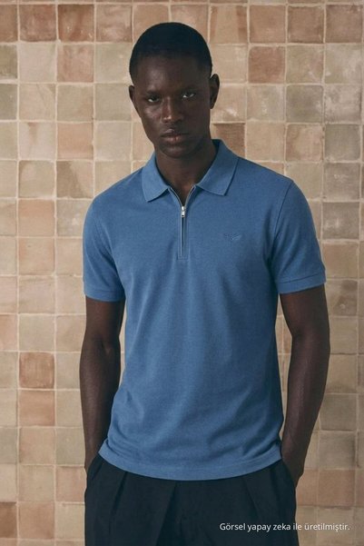 DAMGA JEANS Tricou clasic pentru bărbați, albastru, cu fermoar și guler polo