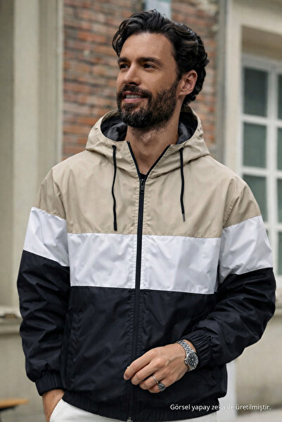 DAMGA JEANS Erkek Comfort Fit Desenli Salaş Beyaz Yağmurluk & Rüzgarlık