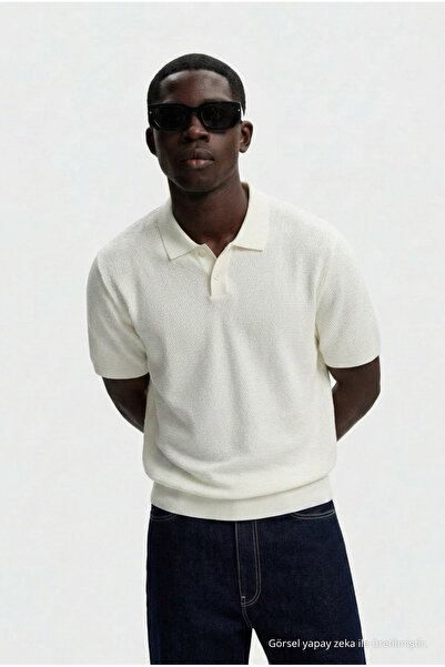 DAMGA JEANS Men's Textured 100% Cotton Cream Polo Neck t Shirt
