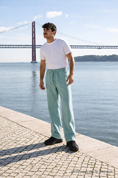 DAMGA JEANS Men's Elastic Waist Jogger S.Green Linen Trousers