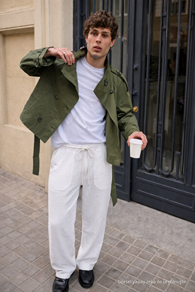 DAMGA JEANS Men's Trend Low Waist Loose White Linen Trousers