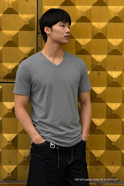 DAMGA JEANS Ανδρικό μπλουζάκι Comfort με κοντό μανίκι και λαιμόκοψη V, καπνιστό
