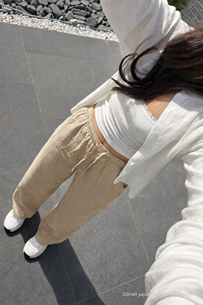 DAMGA JEANS Kadın Premium Jogger Relax Fit Yazlık Bej Keten Pantolon
