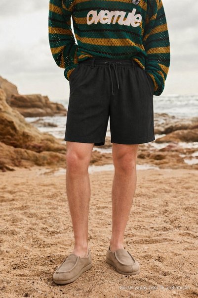 DAMGA JEANS Men's Regular Lace-Up Casual Black Basic Shorts