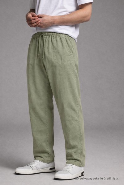 DAMGA JEANS Men's Green Linen Trousers with Elastic Waist and Wide Legs