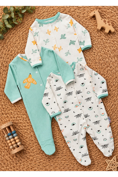 DEFNE LİNA BABY Kız Bebek Erkek Bebek Desenli Patikli 3lü Tulum Set Yenidoğan...