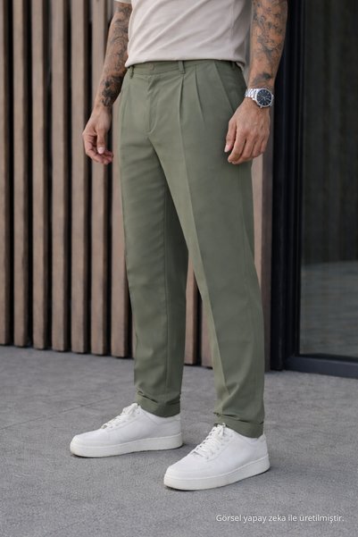 DAMGA JEANS Erkek Relax Fit Yüksek Bel Pileli Haki Kumaş Pantolon