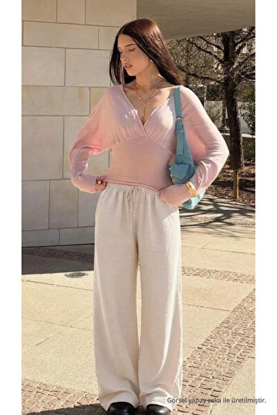 DAMGA JEANS Γυναικείο καλοκαιρινό παντελόνι από λινό εκρού με φαρδιά μπατζάκι...