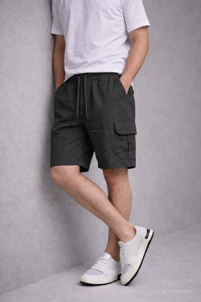 DAMGA JEANS شورت رجالي من الكتان الأسود بخصر مطاطي وجيوب كارجو يومية