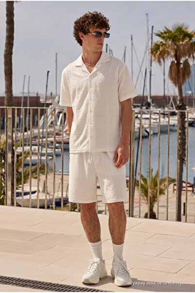 DAMGA JEANS Men's Premium Comfortable Shirt Jogger Linen Shorts White Two-Pie...