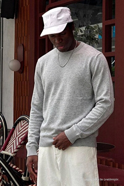 DAMGA JEANS Men's Crew Neck Long Gray Knit Sweater