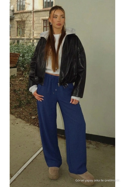 DAMGA JEANS Γυναικείο λινό παντελόνι Palazzo με υφή και ναυτικό μπλε χρώμα