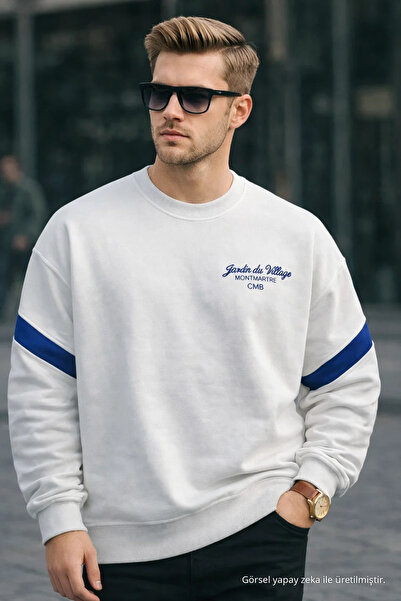 COMBİNE MİCHAİL Erkek Kışlık Baskılı Oversize Beyaz Sweatshirt