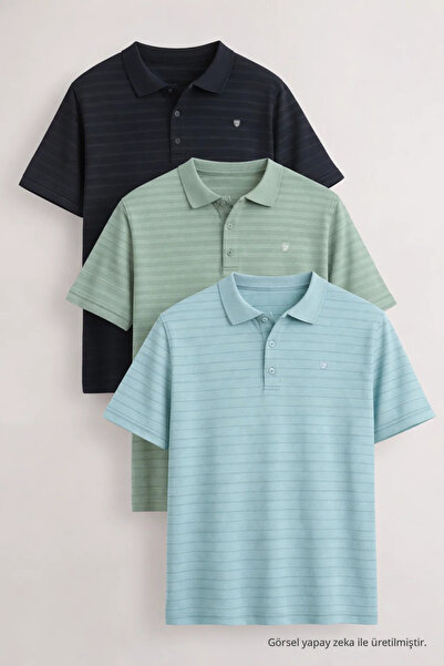 COMBİNE MİCHAİL Men's Short Sleeve Loose 3-Pack Polo Collar T-Shirt