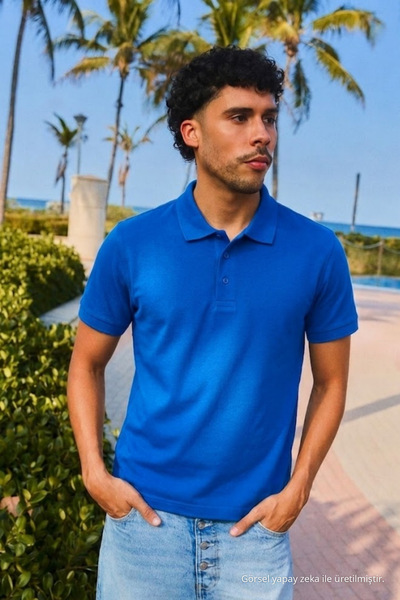 COMBİNE MİCHAİL Men's Short Sleeve Blue Loose Polo Collar T-Shirt