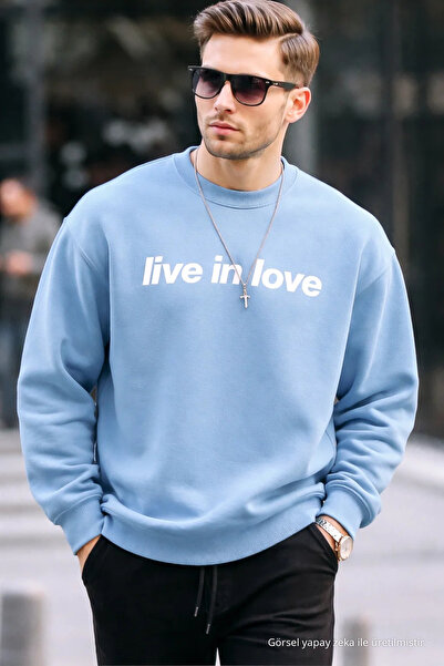 COMBİNE MİCHAİL Written Design Cotton Casual Men's Baby Blue Sweatshirt