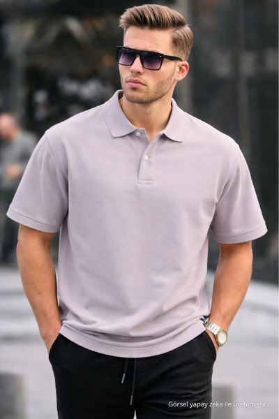 COMBİNE MİCHAİL Men's Basic Relax Gray Polo Collar T-Shirt