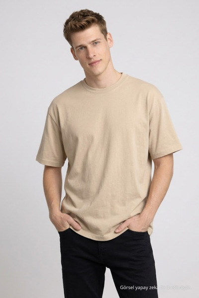 COMBİNE MİCHAİL Men's Cotton Pack Beige Oversized T-Shirts