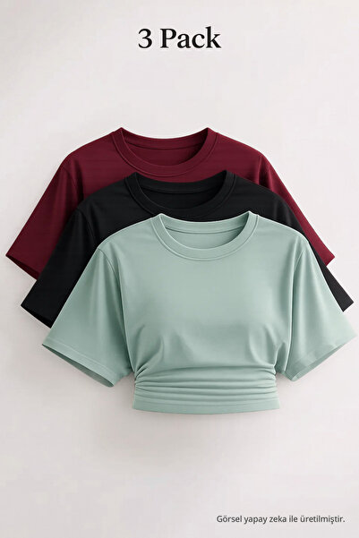 COMBİNE MİCHAİL Kadın Yarasa Kollu Basic Dar 3 Lü Crop Bluz