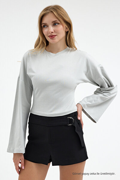 COMBİNE MİCHAİL Kadın Basic Geniş Kol Gri Crop Bluz