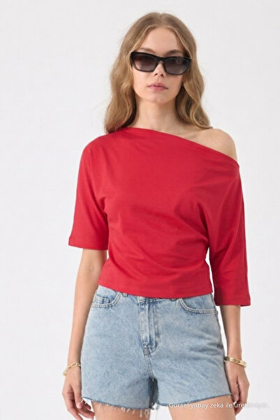 COMBİNE MİCHAİL Women's Boat Neck Half Sleeve Red Blouse