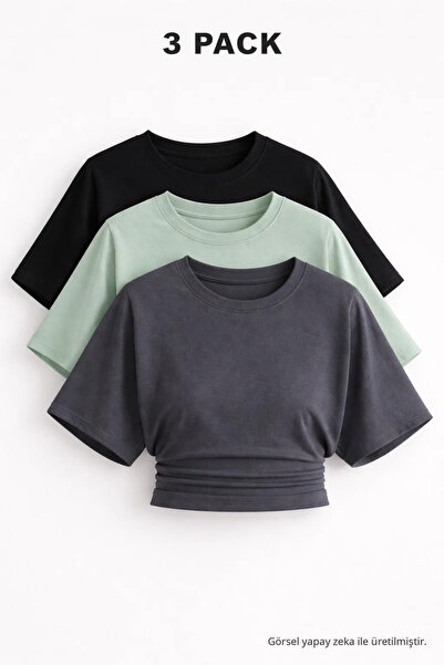COMBİNE MİCHAİL Kadın Yarasa Kollu Basic Dar 3 Lü Crop Bluz