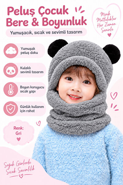 Nurnivus 7-10 Yaş Sevimli Panda Kulaklı Çocuk Kapşonlu Peluş Bere Welsoft Rüz...