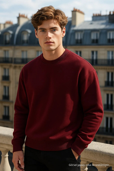 COMBİNE MİCHAİL Erkek Bisiklet Yaka Oversize Bordo Kazak