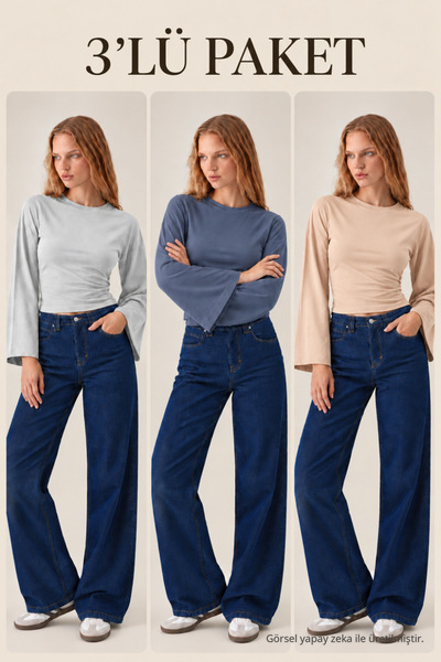 COMBİNE MİCHAİL Kadın Uzun Yarasa Kollu 3 Lü Crop Bluz